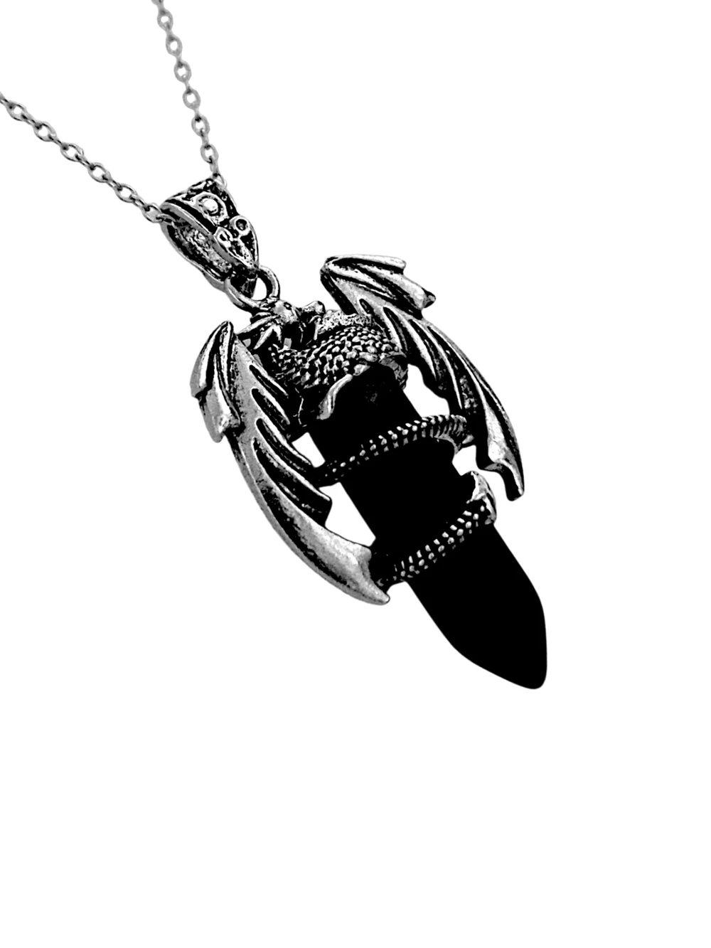 Silver Dragon Black Pendant w/ Stainless Steel Necklace NWOT